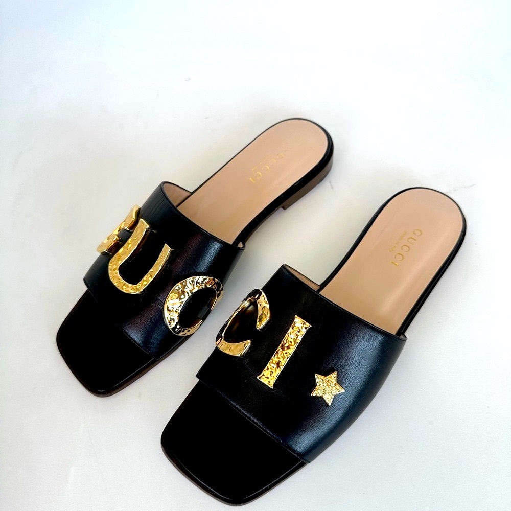 Authentic Gucci Black Sandals with Gold Metal Logo
